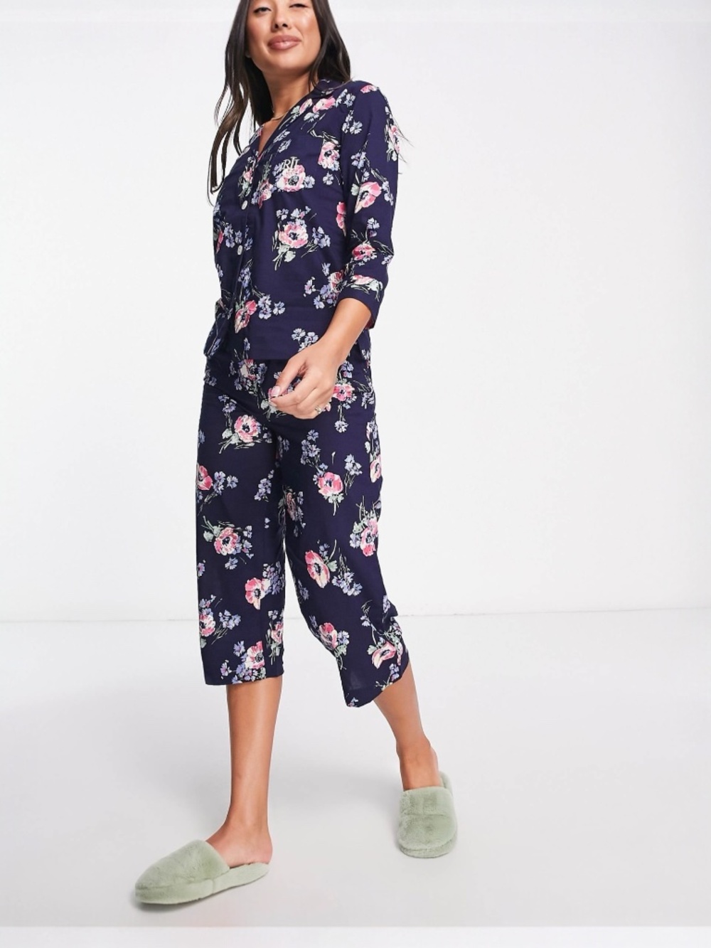 Lauren Ralph Lauren Cotton Notch Collar 3/4 Sleeve PJ Set in Navy Floral Size M